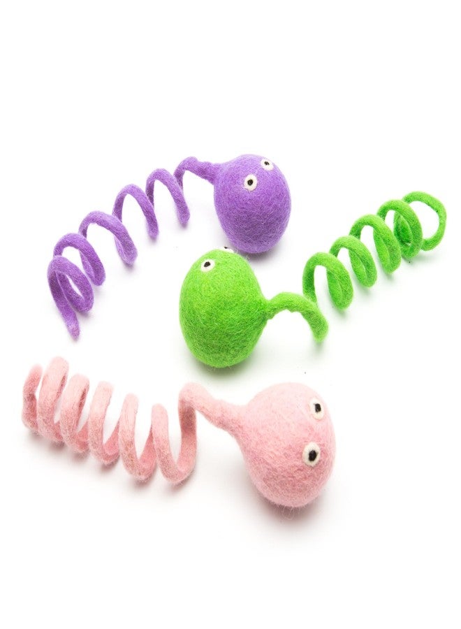 Glaciart One Felt Spring Cat Toy – 3 Pcs Soft Fuzzy Enrichment 100% Natural Wool - Interactive Stretchable Play Set - Safe for Pets, Non-AZO Colored Dyes - 4” Long - Image 1